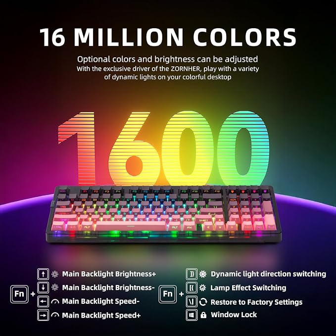 ZORNHER ZH980 Mechanical Keyboard Wireless,95% Pink Creamy Keyboard with Number Pad,Gaming Keyboard with Number Pad,Lighted Up PBT Keycaps,Loud Keyboard Clicky Blue Switches,Full Size