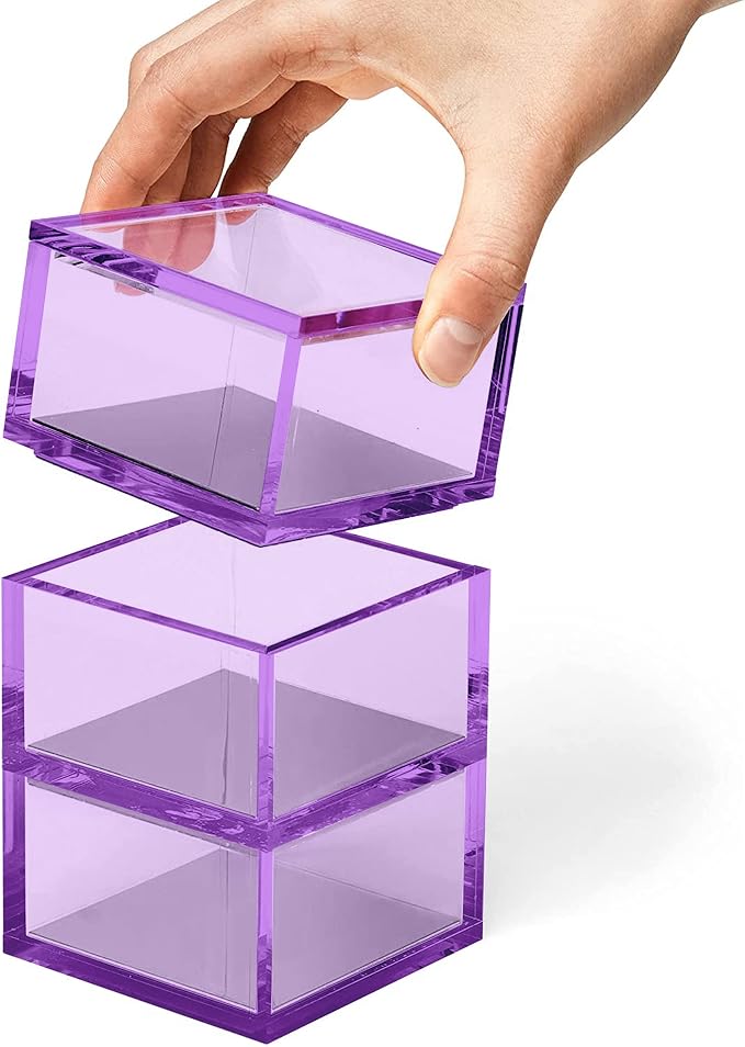 3-Tier Stackable Acrylic Holder- Stylish Desk Organizer and Storage for Office or Home – Transparent Square Design, Purple with Silver Metal Base