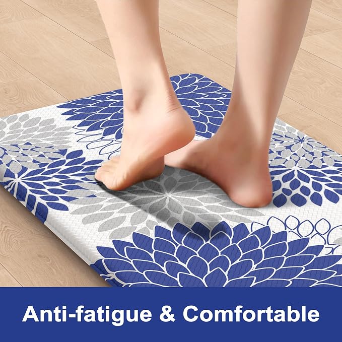 KIMODE Anti Fatigue Mats for Kitchen Floor Cushioned Kitchen Rugs Sets of 2 | 17"x47"+17"x29",Blue,Dahlia Floral Boho,Non Slip Rubber Backing,Waterproof,Wipe Clean,Standing Mat for Office Laundry Sink
