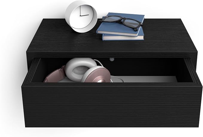 Mobili Fiver, Riccardo Floating nightstand, Ashwood Black, 17.7" x 9.8" x 6.1 ", Melamine-Finished, Modern Bedside Table, End Table, Italian Furniture