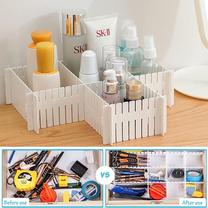 24 Pcs Drawer Divider Adjustable DIY Storage Organizer Separator for Tidying Clutter Cutlery Underwear Socks Clothes Dresses Desk & Box in Kitchen Bathroom Bedroom Office (Cut at Will)