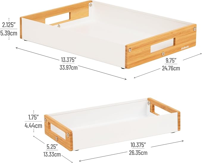 Mind Reader Metal and Wood Tiered Desktop Organizer Trays with Cutout Handles, Stackable Office Storage, Office, Entryway, Coffee Station and Home Organization, Metal and Wood, Set of 2, White