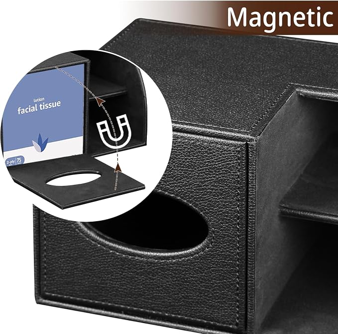 PU Leather Square Tissue Box Cover - Multi-Functional Tissue Box Holder | Tissue Box Cover with Storage,Tissue and Remote Control Holder,Cube Tissue Box Organizer Bedroom Nightstand End Table