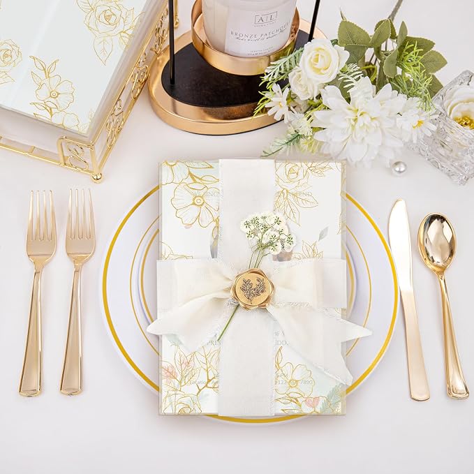 Wedding Invitation Accessories Kit, Pre-Folded Vellum Jackets for 5×7 Invitations with Wax Seal Stickers, Ribbon & Dried Flowers, Elegant Wedding Invitation Accessories for DIY Bridal Invites (Gold-Rose, 100)