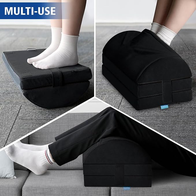 Kayfia Adjustable Foot Rest Under Desk at Work, Foot Stool with Gel Foam | XXL 20in size, 3 adjustable heights for ergonomic leg support. Soft gel foam, detachable layers, foot-warming pocket