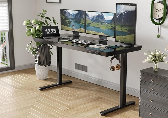 Claiks Glass Standing Desk with Drawers & USB Ports 55x24 Inch, Black | 3 Steps Quick Install, 2 Zones Drawer, USB Ports, Ultra White One-Piece Glass Top, Writable Top