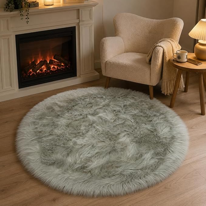 EasyJoy Faux Sheepskin Rug, Fluffy Faux Fur Rug, Ultra Soft Shag Area Rug with Non-Slip Backing for Bedroom, Living Room, Nursery, Kids Room(4 x 4 ft Round, Light Grey)