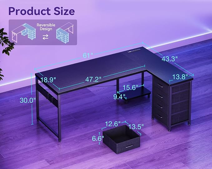 AODK 61" L Shaped Gaming Desk with 4 Drawers and Power Outlets, Black | USB Ports, PC Tower Stand, Hooks, Reversible Corner Layout for Gaming Rooms, Bedrooms and Home Office