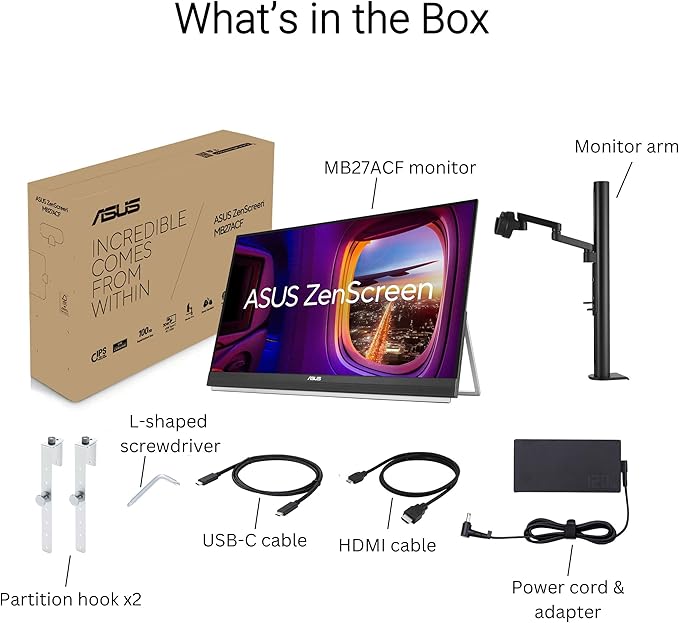 ASUS ZenScreen 27” 1440P Transportable Monitor (MB27ACF) - QHD (2560 x 1440), IPS, 100Hz, USB-C PD 70W, Speakers, Carrying Handle, Kickstand, C-clamp, Sub-woofer, 2.1 Channel Audio, 3 yr Warranty