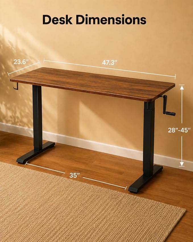 Whole Piece Manual Standing Desk Adjustable Height with Lockable Casters- Hand Crank Stand up Desk with Wheels, Mobile Sit to Stand Workstation with Handle