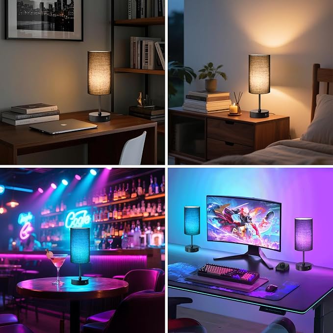 Unicozin Table Lamp with 3 CCT (3000K/4500K/6500K), Stepless Dimmable Bedside Lamp with 7 Color Changing, Modern Nightstand Light with Black Shade for Bedroom, Kids Room, Home, Office