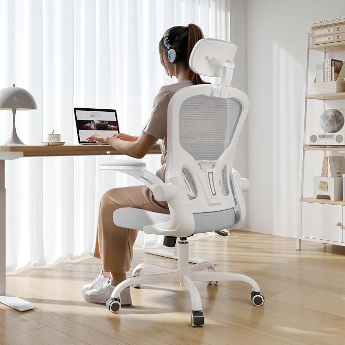 Office Chair Ergonomic Desk Chair, 330LBS Capacity, High Back Computer Chair for Long Hours Comfortable, Rolling Swivel Executive Task Chair for Home Office with Flip-up Armrests,White Grey