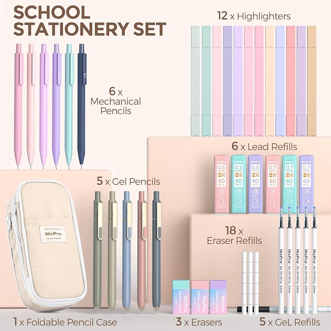 Nicpro 39 PCS Aesthetic School Supplies with Pencil Case, Cute Stationary Set with 5 Gel Pens & 6 Mechanical Pencils & 12 Highlighters, Essentials for College Students Nurse & Teen Girls/Boys (Cream)