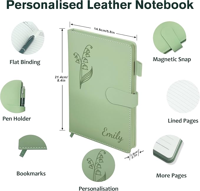 Personalized Leather Journal with Gifts Box & Pen, Custom Notebooks Diary with Engraved Birth Flower Name, Birthday Gifts for Women, Christmas Office Gift for Bridesmaid Students Teacher Mom Friend