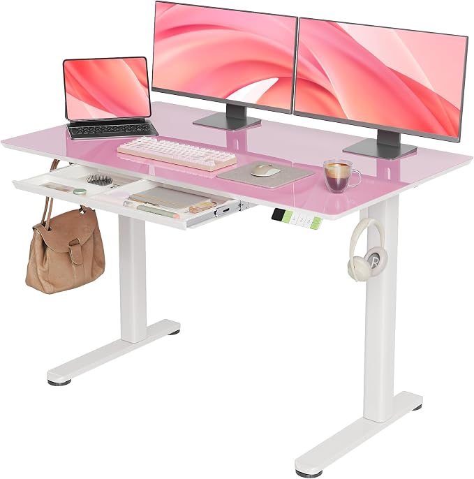 INNOVAR 48×24 Inch Morandi Powder Glass Standing Desk with Drawers | Tempered Glass Top, Ergonomic, Adjustable Height, Stand Up Desk,4 Memory Presets