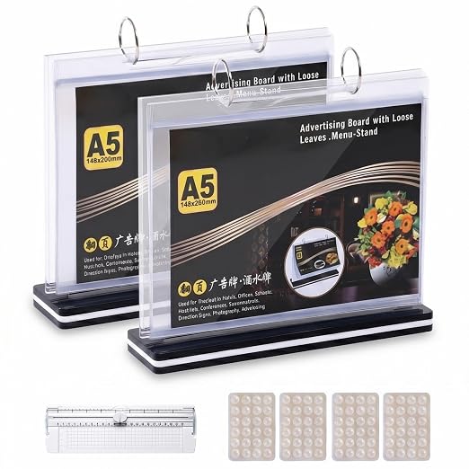 2Pcs Table Flip Menu Holder with 6 Pages Sleeve, 5.5" X 8.5" Tabletop Sign Signage Horizontal Display Stand with Base, Suction Cups, Paper Cutter, Rotating Binders Rack, for Photo, Bar, Job Fair