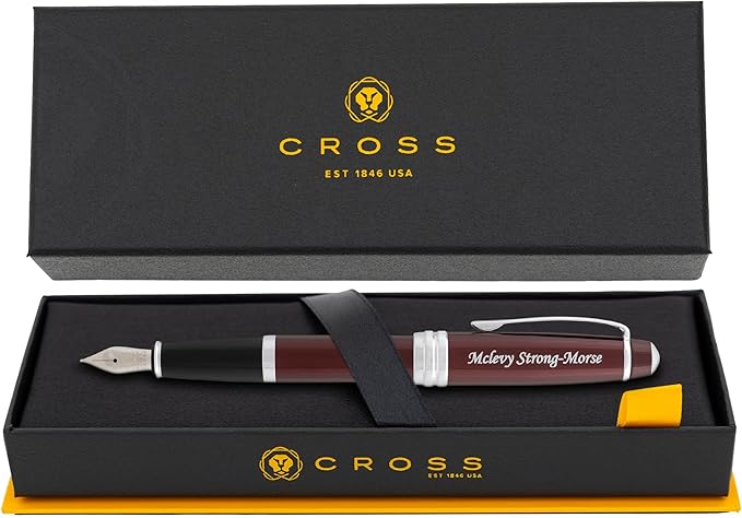 Engraved Cross Fountain Pen | Personalized Cross Bailey Red Lacquer Fountain Pen with Chrome Trim. Personalization, Gift Box, & Starter Ink Included.