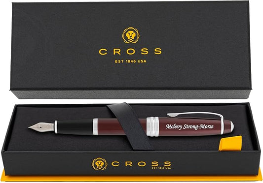 Engraved Cross Fountain Pen | Personalized Cross Bailey Red Lacquer Fountain Pen with Chrome Trim. Personalization, Gift Box, & Starter Ink Included.