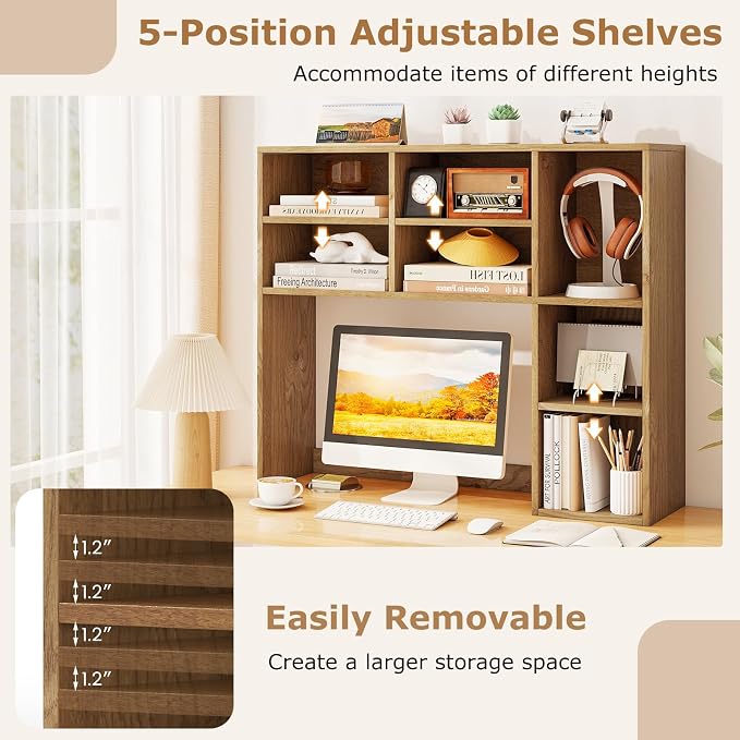 Tangkula Desktop Bookshelf, 37" Countertop Storage Hutch with 7 Cubes & 3 Adjustable Shelves, 3-Tier Desk Display Rack Organizer, Multipurpose Wood Desktop Hutch for Dorm Home Office (Natural)