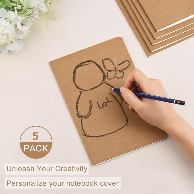 ZCZN 5 Pack A5 Kraft Notebooks Bulk, 8.15x5.5 Inches Lined Paper Journaling Notebooks, Notebooks for Work, Composition Notebooks for School, Journal Notebooks for Office, 60 Pages