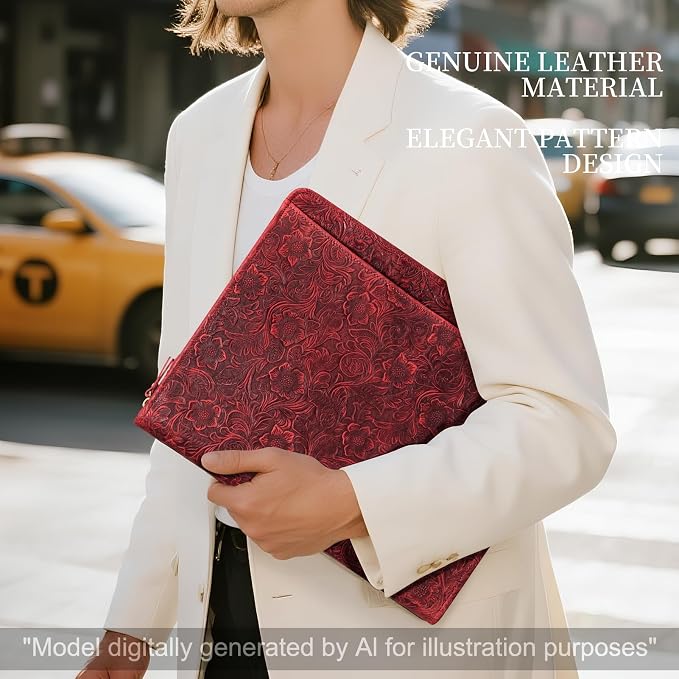 Gexmil Leather Portfolio Organizer for Women Men, Business Padfolio Folder with Zipper, Full Grain Leather,Interview Legal Document File Resume Organizer, A4 Writing Notepad Padfolio, Floral Red