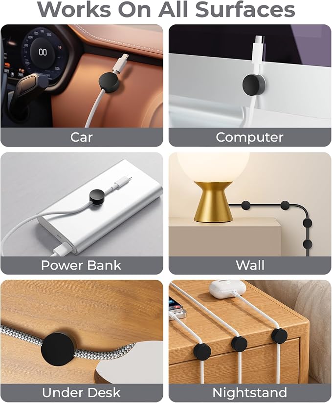 Magnetic Cable Holder, 8 Cable Clips for Desk Cord Management, Black | Organize USB Wires, Laptop Chargers, Dashcam, Car Phone Lines, Home, Nightstand, Workspace & Travel RV Wire Organizers