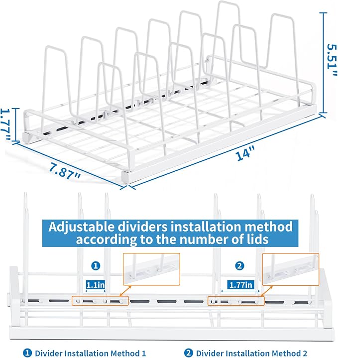 Food Container Lid Organizer Rack with Adjustable 6 Dividers, White | Full-Metal Pot and Pan Organizer Holder for Home Kitchen Cabinets, Drawers, Countertop, Cupboards, Pantry Shelves Storage