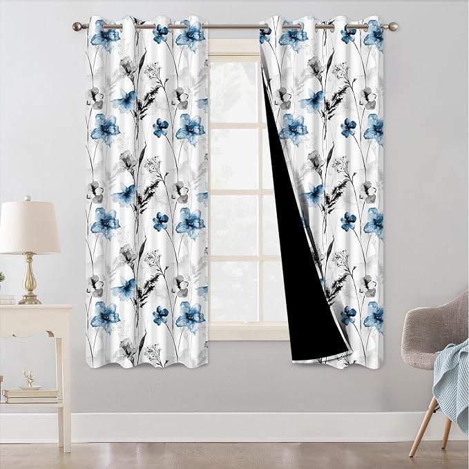 Watercolor Blue Floral Blackout Curtains for Bedroom and Living Room, Grommet Light Filtering Black Out Window Curtains 63 Inch Long 2 Panel Sets, Room Darkening Thermal Curtains for Winter Insulated