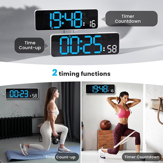 Digital Wall Clock, Digital Clock Large Display, Corded Alarm Clocks with Weatherforecast, Day of the Week, Temp, Humidity, Auto DST, Countdown, for Living Room Bedroom Classroom Office, Blue