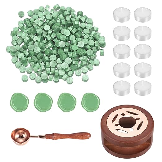 PATIKIL Wax Seal Kit, 300 Pcs Wax Sealing Beads, Wooden Warmer, Melted Spoon, 10 Pcs Tealight Candles for Envelope Letter Mailing Crafts DIY, Tender Green