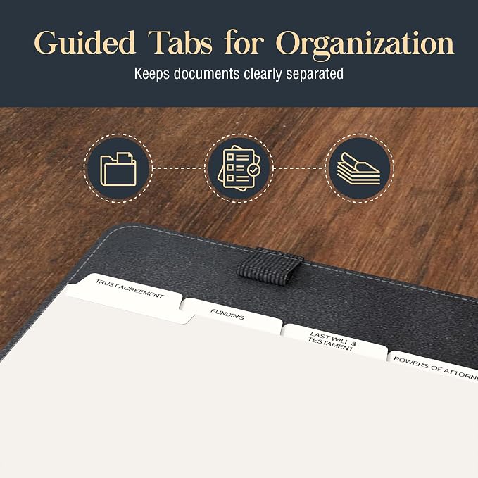 Estate Planning Leather Organizer Binder – Genuine Leather Estate Planning Portfolio, 3 Ring Round Ring Trust Binder with Tabs & Folder for Wills, Insurance & Legal Documents – Black Leather