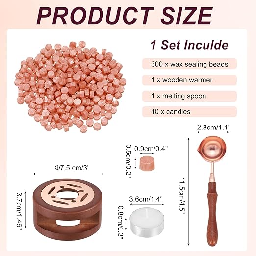 PATIKIL Wax Seal Kit, 300 Pcs Wax Sealing Beads, Wooden Warmer, Melted Spoon, 10 Pcs Tealight Candles for Envelope Letter Mailing Crafts DIY, Orange Red