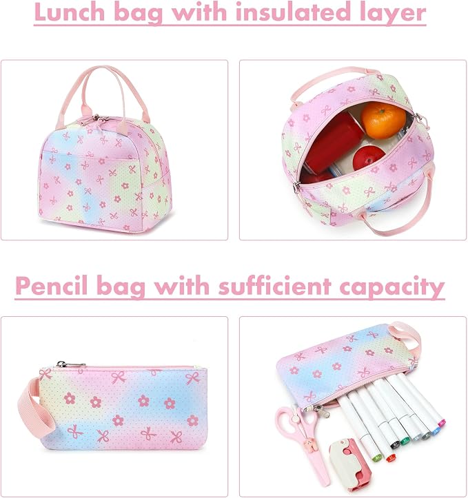 Bluboon Teen Girls School Backpack Kids Bookbag Set with Lunch Box Pencil Case Travel Laptop Backpack Casual Daypacks (Rainbow pink polka dots)
