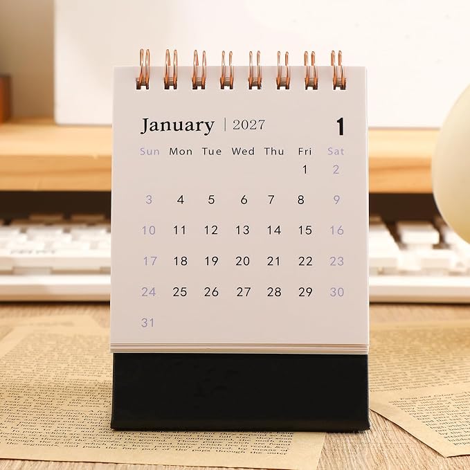 Mini Desk Calendar 2026-2027 - Use July 2026 to Dec 2027 Monthy Small Desktop Calendar 250 GSM Thick Paper Twin-Wire Binding for Home or Office (Black)