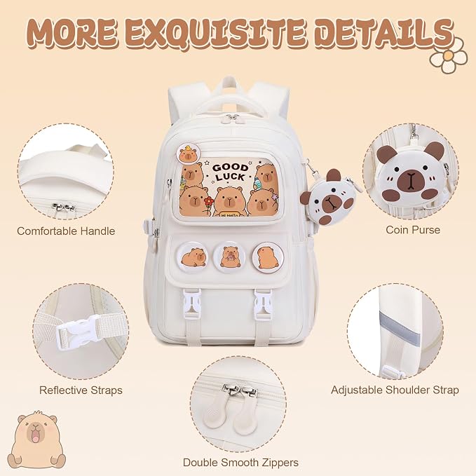 Capybara Backpack for Girls with Headphones - 4PCS Girls Backpack for Kindergarten Elementary Middle High School Travel - 3.5mm Wired Headphones Backpacks Back to School Gift(Beige)