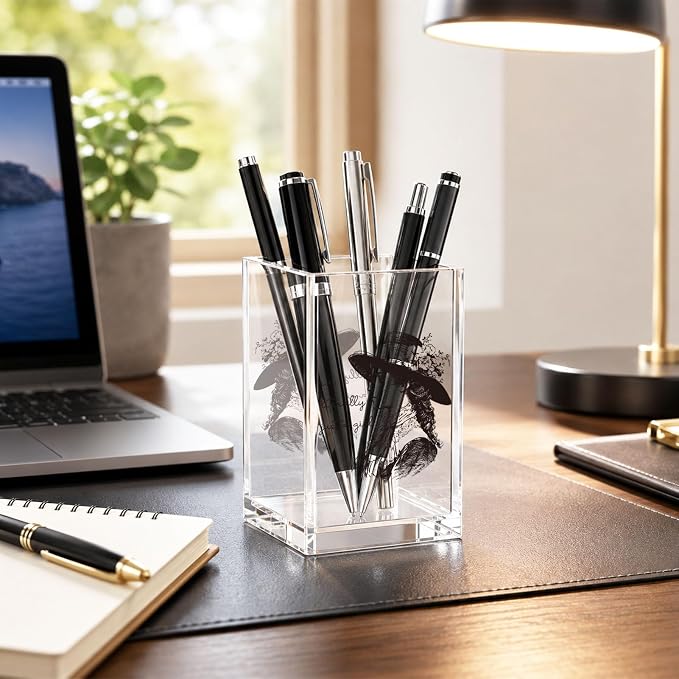 Acrylic Pen Holder Cup, Vintage Aesthetic Desk Decor, “I’m Literally Just a Girl” Pencil Holder Organizer, Black and White Fashion Style Office Accessories, Gift for Women