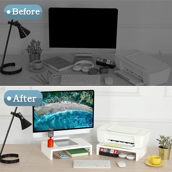 TEAMIX White Monitor Stand Riser, 2 Pack Wood | Dual Stand for 2 monitors. Holds 80 lbs, Stack or Separate Adjustable Use, Fits laptop, TV, PC. For Home Office, Gaming