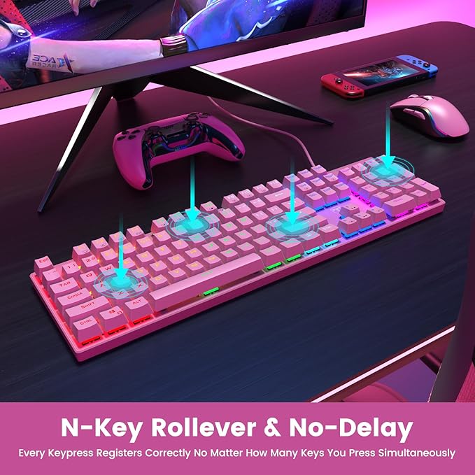 RisoPhy Mechanical Gaming Keyboard, RGB 104 Keys Ultra-Slim Backlit USB Wired Keyboard with Blue Switch, Durable ABS Keycap/Anti-Ghosting/Spill-Resistant Mechanical Keyboards for PC Mac Xbox Game,Pink