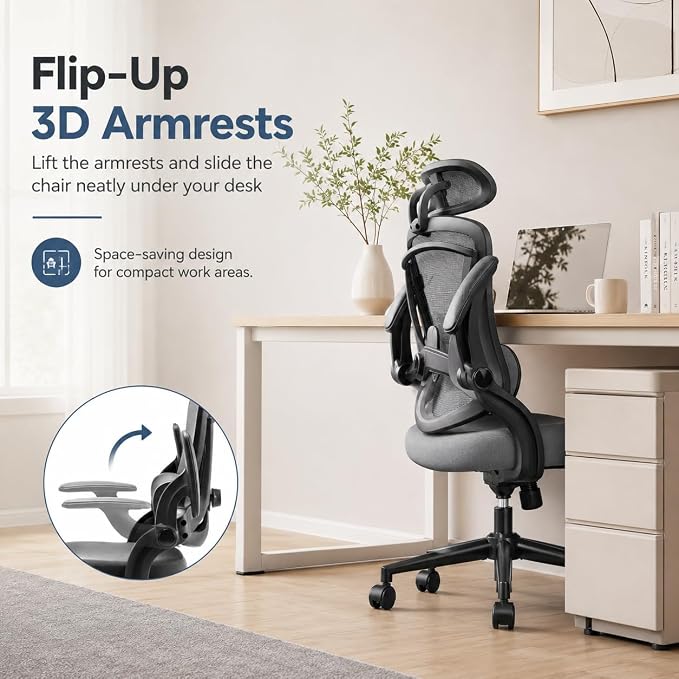 Ergonomic Office Chair, Home Office Desk Chairs with Adjustable Lumbar Support and Headrest, High Back Mesh Computer Desk Chair with 3D Flip-up Armrests & 360° Swivel Wheels, 275 LBS