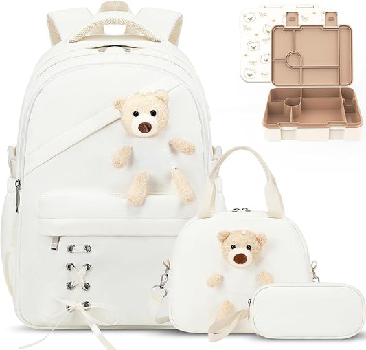 ACESAK Backpack for Girls with Bento Box - 4 PCS Cute Girls Backpack with Lunch Box, Pencil Case & Bento Box Set - 43oz Leakproof Lunch Box Kids Snack Containers Set Back to School Supplies (Beige)