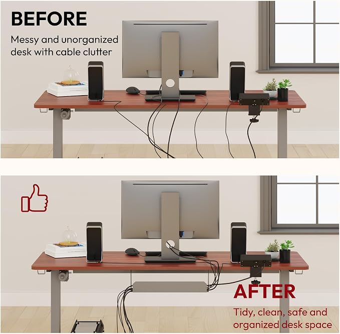 SANODESK Electric Standing Desk with Desk Clamp Power Strip 40"x 24" Whole-Piece Desktop Height Adjustable Stand Up Desk with Cable Management Sit Stand Home Office Desk Silver Frame/Mahogany Top