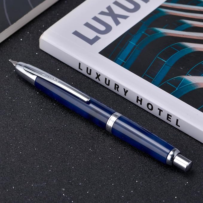 Jinhao 10 Press Fountain Pen with Box, Glacier Blue Retractable Fine Nib with Ink Converter Set (Silver Clip)
