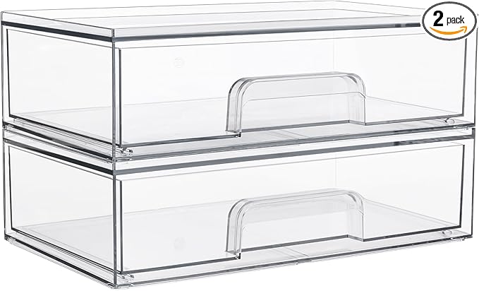 Vtopmart Clear Stackable Storage Drawers, 2 Pack Wide Plastic Organizers | Clear Pull-Out Plastic Drawers, Stackable Design for Makeup Palettes, Cosmetics, Beauty Supplies, Vanity, Cabinet and Desk