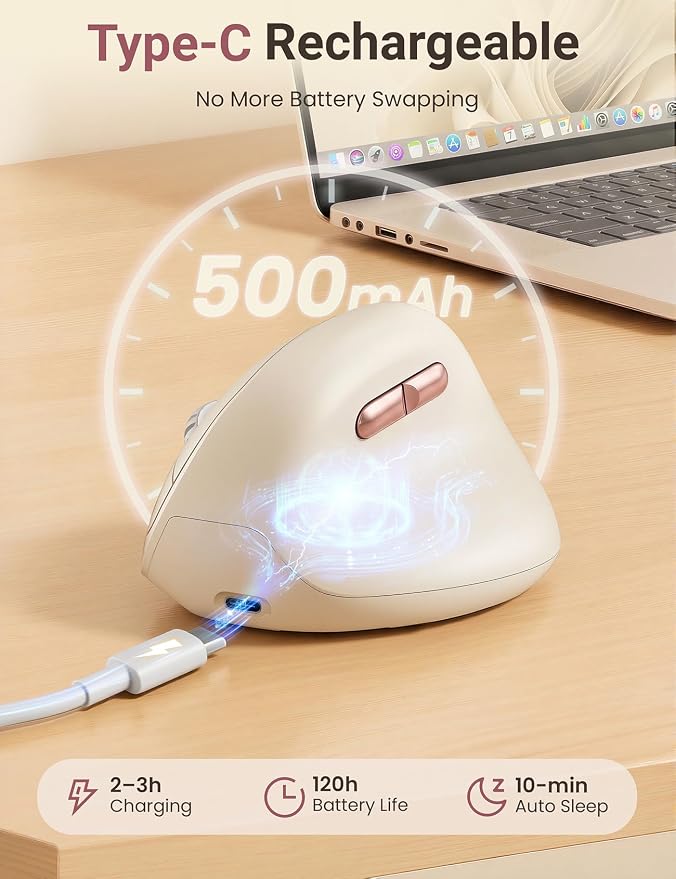 Ergonomic Vertical Wireless Mouse, 57°, Small/Medium Hands, Beige | Rechargeable, Quiet Click, 800/1200/1600 DPI, 2.4GHz USB Receiver, Forward/Back Buttons, Computer Mouse for Laptop PC Mac
