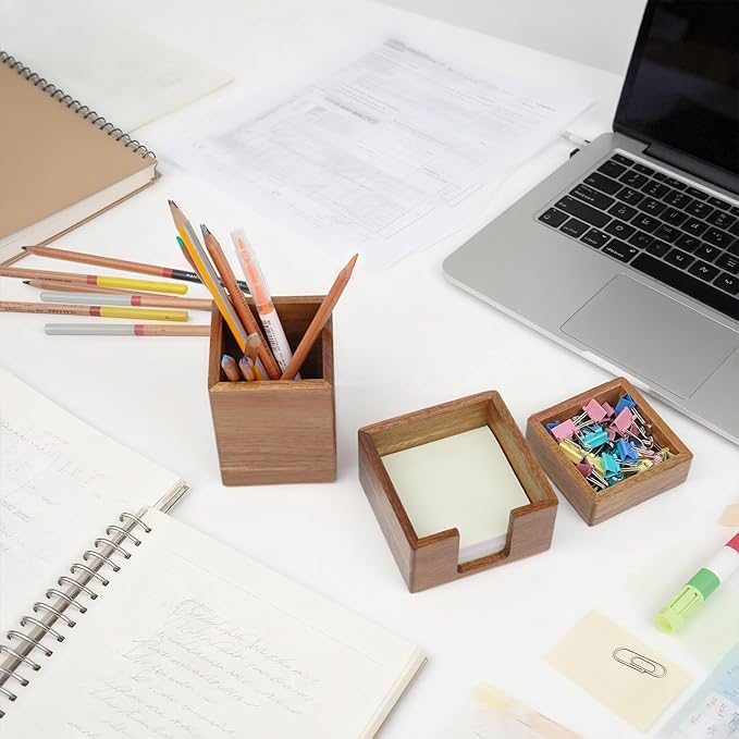 RAWILL 3 PCS Wooden Desk Organizer Set, Acacia Wood Office Desk Accessories with Pen Holder, Paperclip Storage and Sticky Note Holder,Wood Grain Clear, Ideal Gift for Office and Family