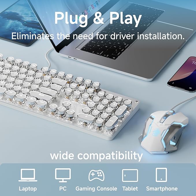 EWEADN TK100 Wired Typewriter Mechanical Keyboard and Mouse, 104 Keys Aesthetic Typewriter Keyboard Mouse Combo with White Backlit, Anti-Ghosting, Black Switch Cute Keyboards-White