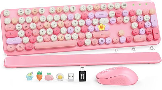 Wireless Keyboard and Mouse Combo, Cute Retro Typewriter Keyboard with Round Keycaps, Full-Size Aesthetic Keyboard with Magnetic Wrist Rest, 2.4GHz USB for Windows/Mac Desktop Laptop(Pink Multi-Color)
