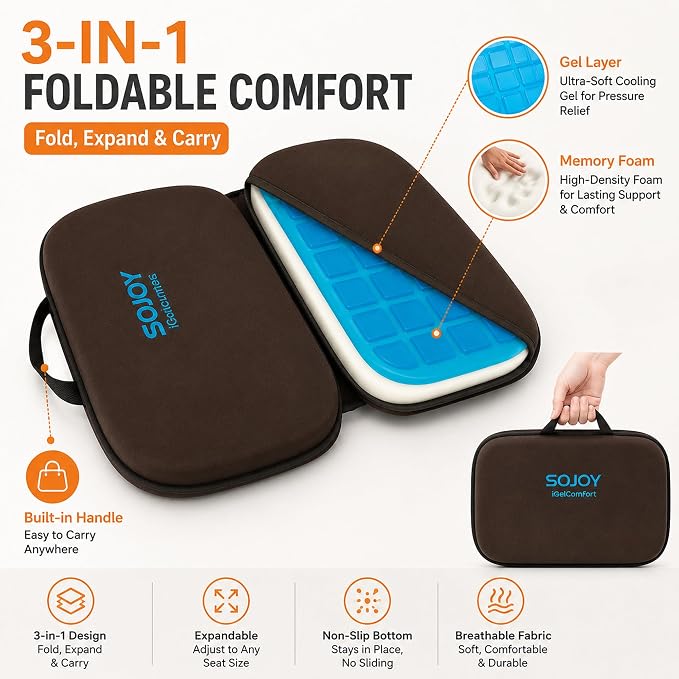 Sojoy 3-in-1 Foldable Gel Seat Cushion with Memory Foam Ergonomic Portable Cushion for Back Pain & Tailbone Relief - Perfect for Office Chair, Airplane Travel & Stadium Seats (18.5" x 15" x 2" Brown)