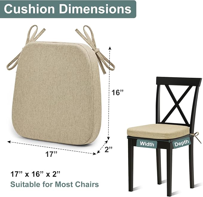 Shinnwa Dining Chair Cushions, Patented Design Molded Memory Foam Seat Cushions for Dining Chairs with Ties and Washable Cover, 17" x 16" x 2", Natural Linen