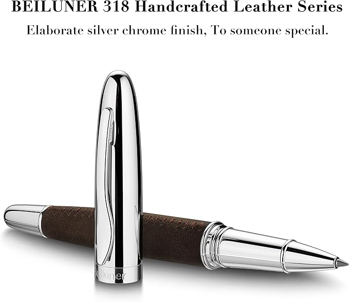 BEILUNER 318 Luxury Leather Pen, Full Grain Oil Tan Crazy Horse Cowhide Leather, Chrome-Plated Finish, Smooth Black Ink Refill, Best Rollerball Gift for Men & Women,Executive, Professional, Nice Pens